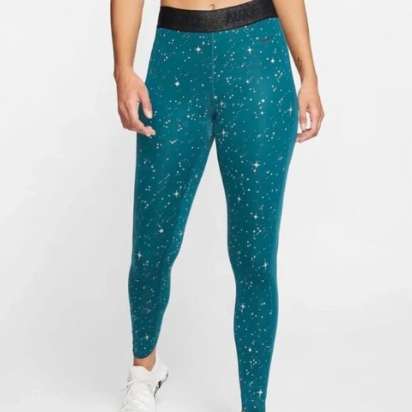 Nike Pro Warm Starry Night Metallic Tight Dri Fit Leggings in Teal Blue Size S - Picture 1 of 6